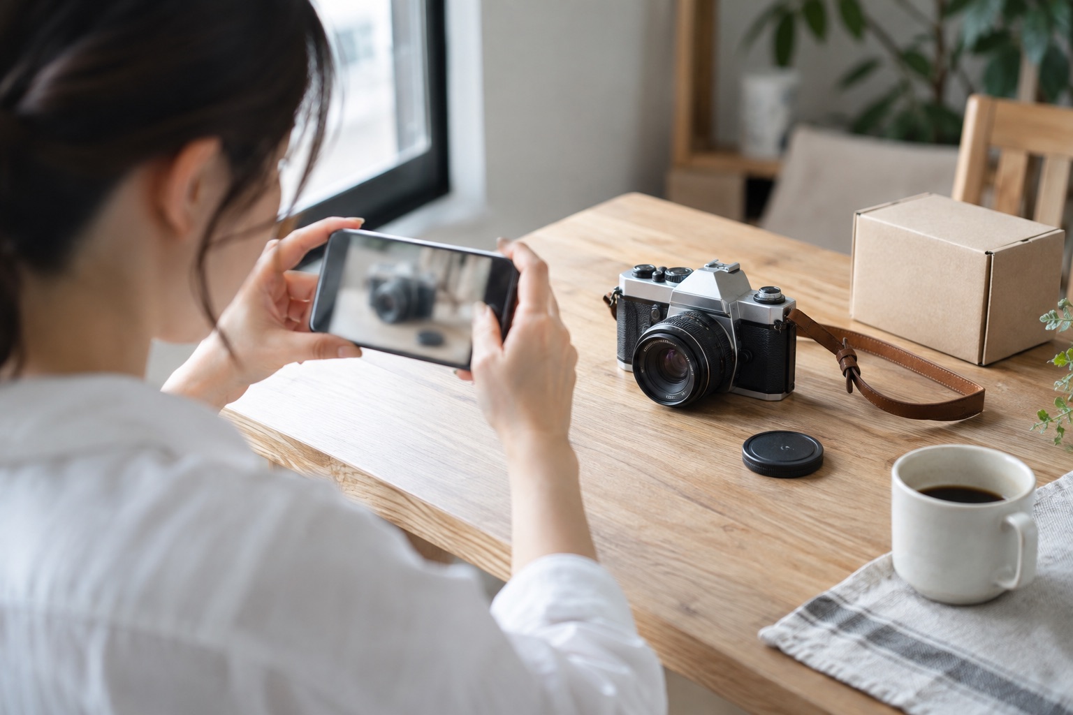 窓辺のテーブルで、スマートフォンを構えてフィルムカメラを撮影している女性の手元